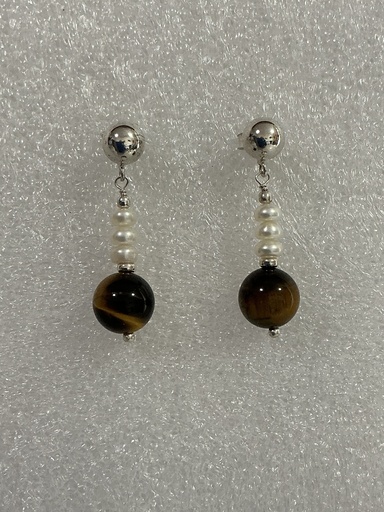 [25PMX12111] Pendiente de Ojo Tigre y Perlas Cultivadas
