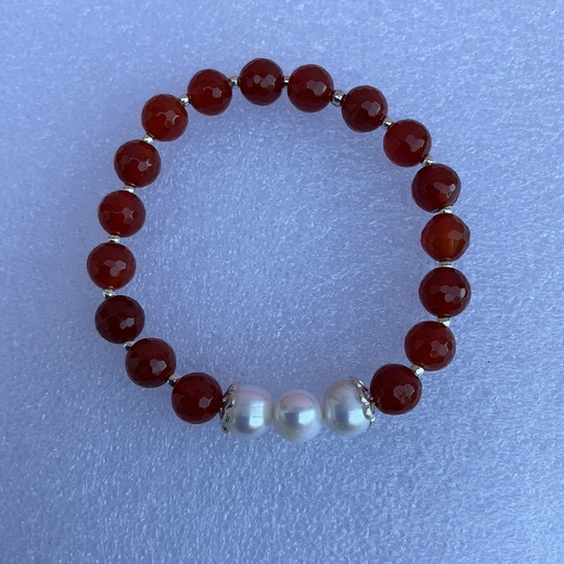 [25PUMX15111] Pulsera Carneola y Perlas Cultivadas elastica