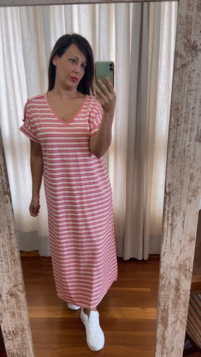 [R2524300] Vestido largo rayas fucsia